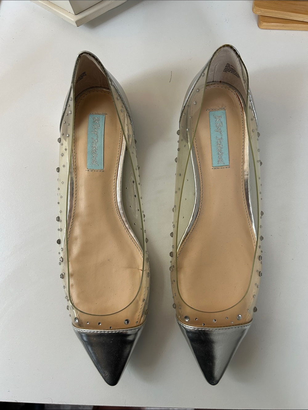 Betsey Johnson Clear and Silver Rhinestone Pointed Toe Flats